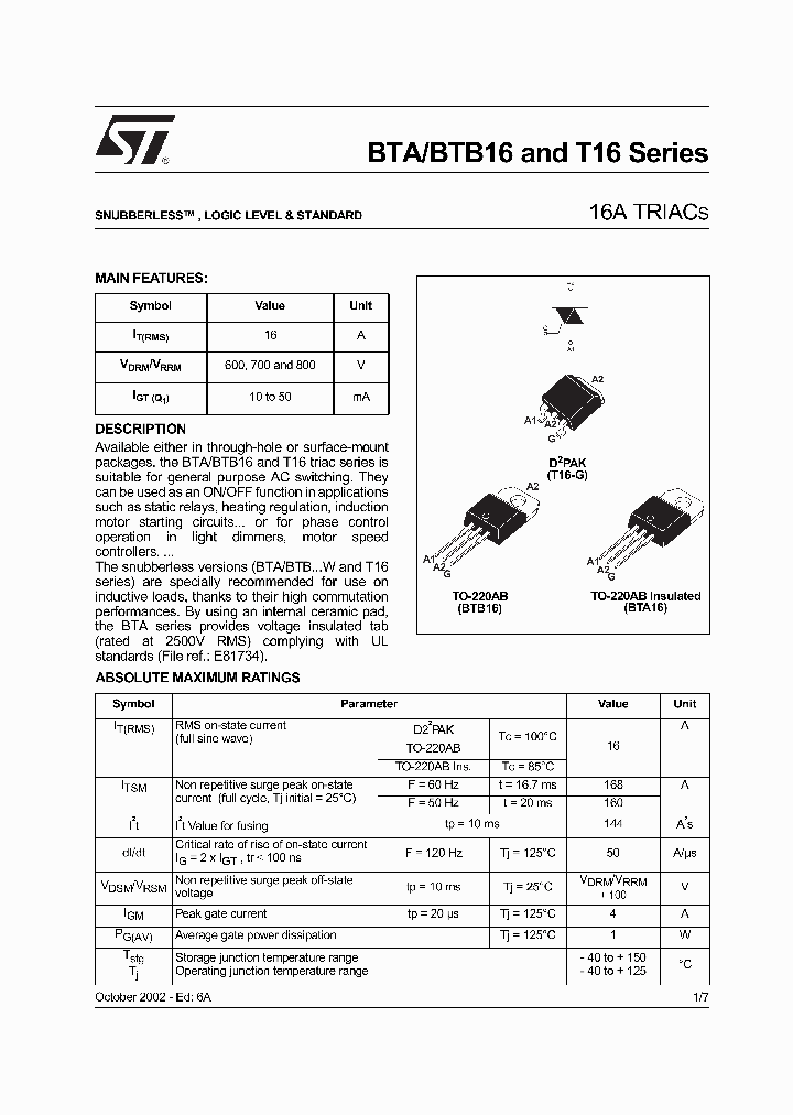 BTB16-600BRG_124160.PDF Datasheet