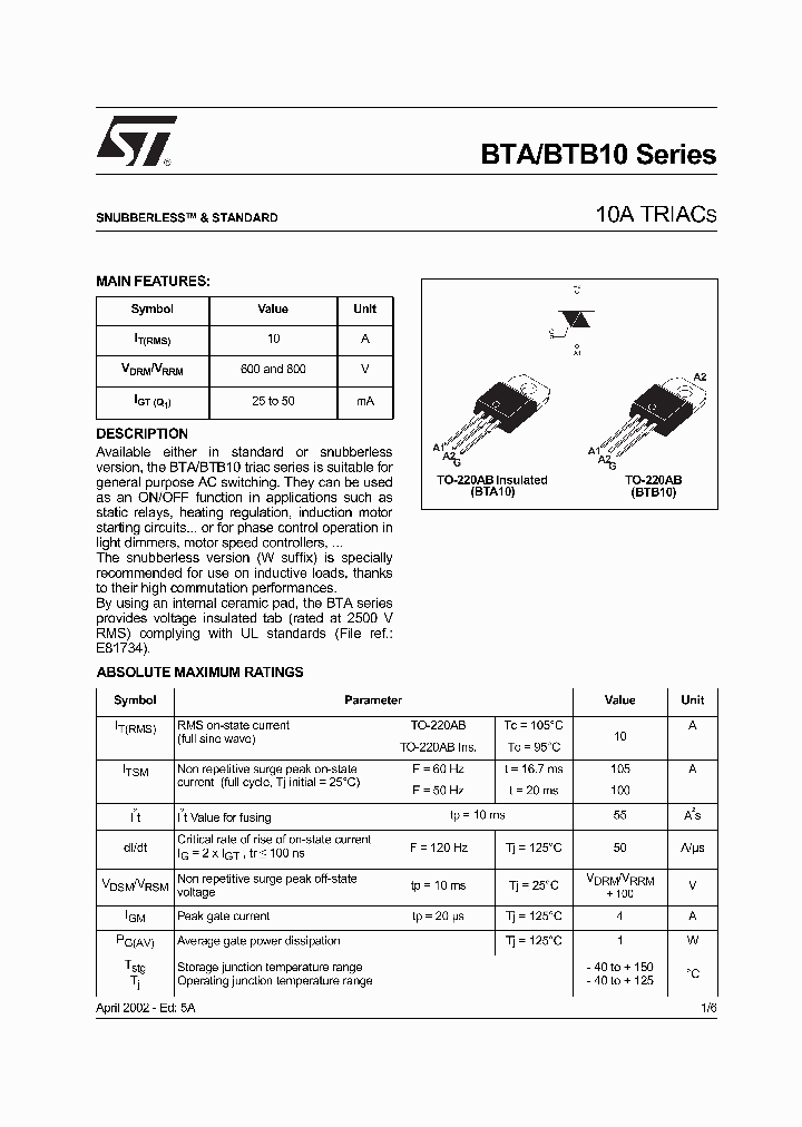 BTA10-600B_72735.PDF Datasheet