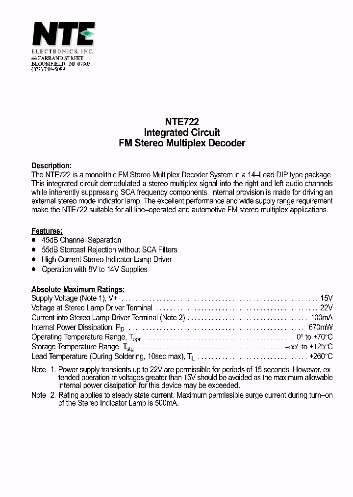 NTE722_488425.PDF Datasheet