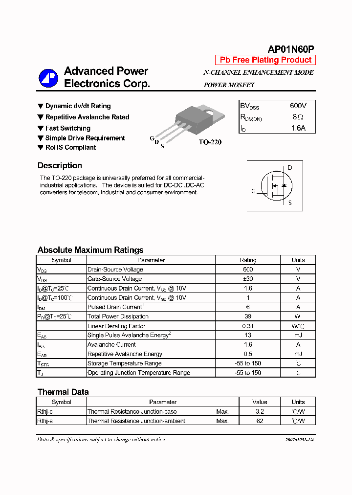 AP01N60P_1168904.PDF Datasheet