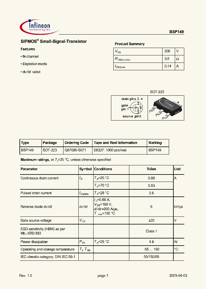 BSP149_1220699.PDF Datasheet