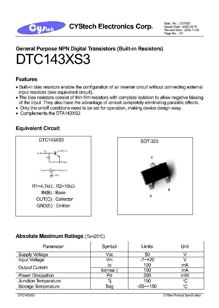 DTC143XS3_1235163.PDF Datasheet