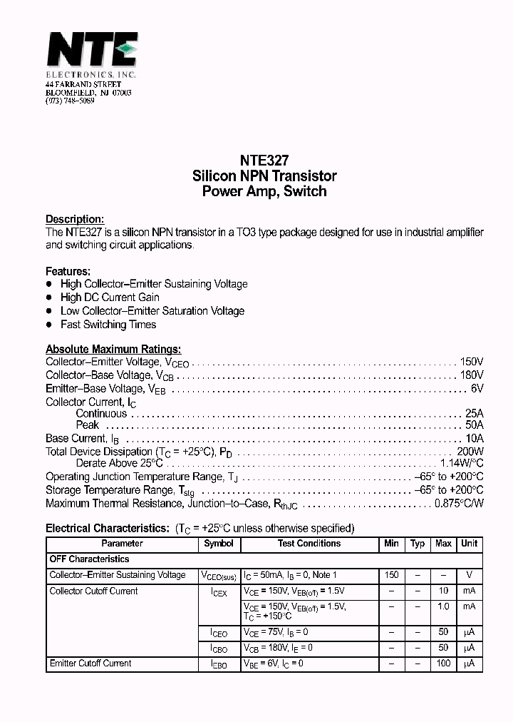 NTE327_1290840.PDF Datasheet