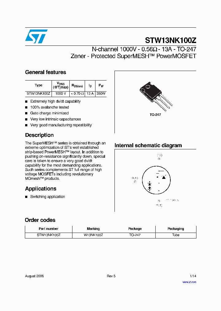W13NK100Z_1335376.PDF Datasheet