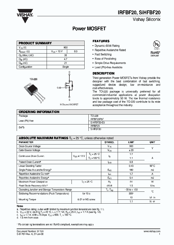 SIHFBF20-E3_4309775.PDF Datasheet