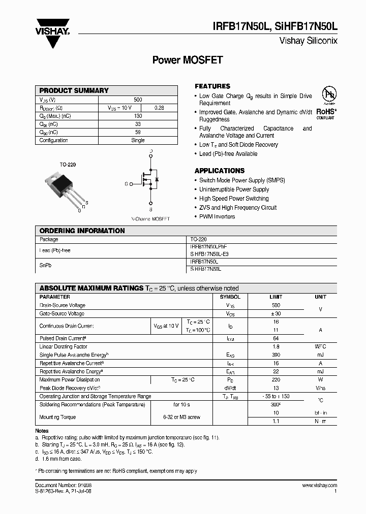 SIHFB17N50L_4952016.PDF Datasheet