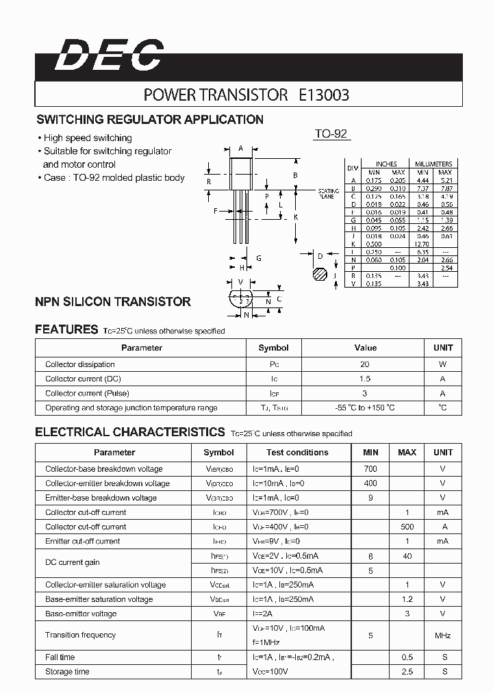 E13003TO-92_353108.PDF Datasheet