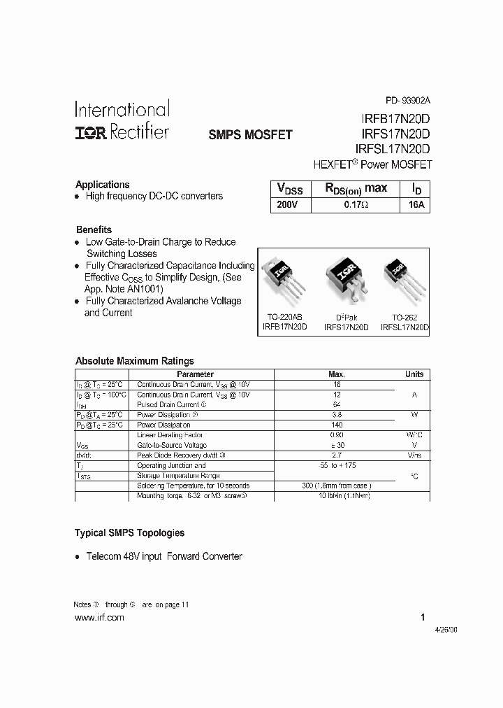IRFS17N20D_891537.PDF Datasheet