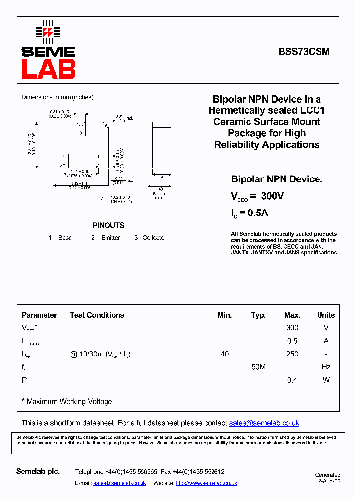 BSS73CSM_2198587.PDF Datasheet