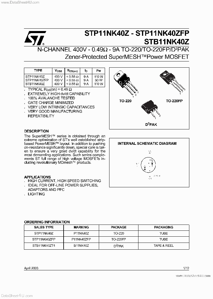 STB11NK40Z_3125495.PDF Datasheet