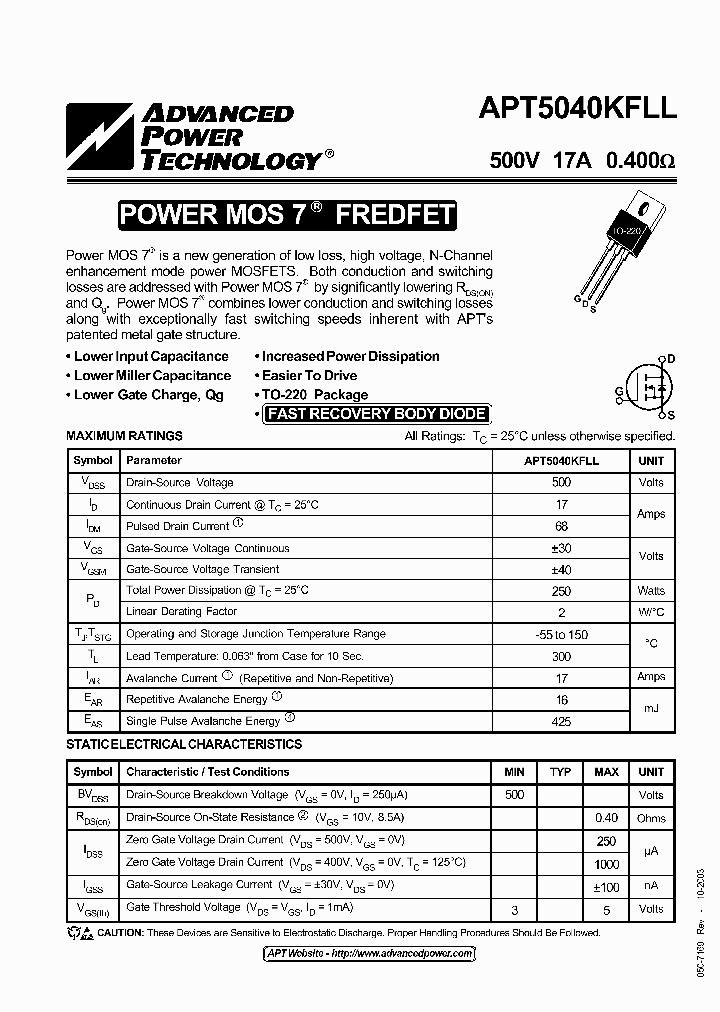 APT5040KFLL_3275987.PDF Datasheet