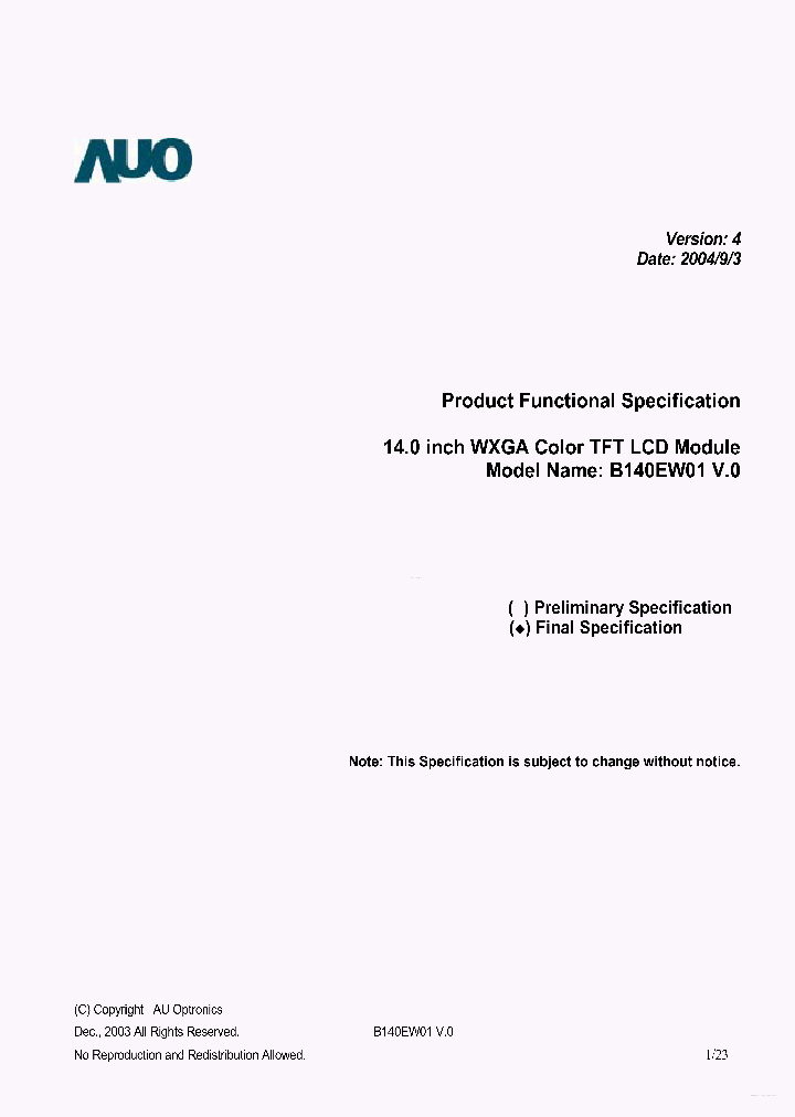 B140EW01-V0_3665683.PDF Datasheet