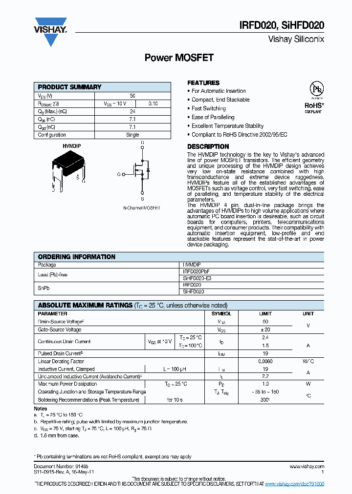 SIHFD020-E3_4413689.PDF Datasheet