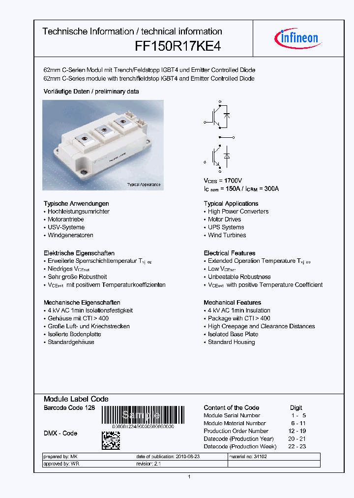 FF150R17KE4_4584223.PDF Datasheet
