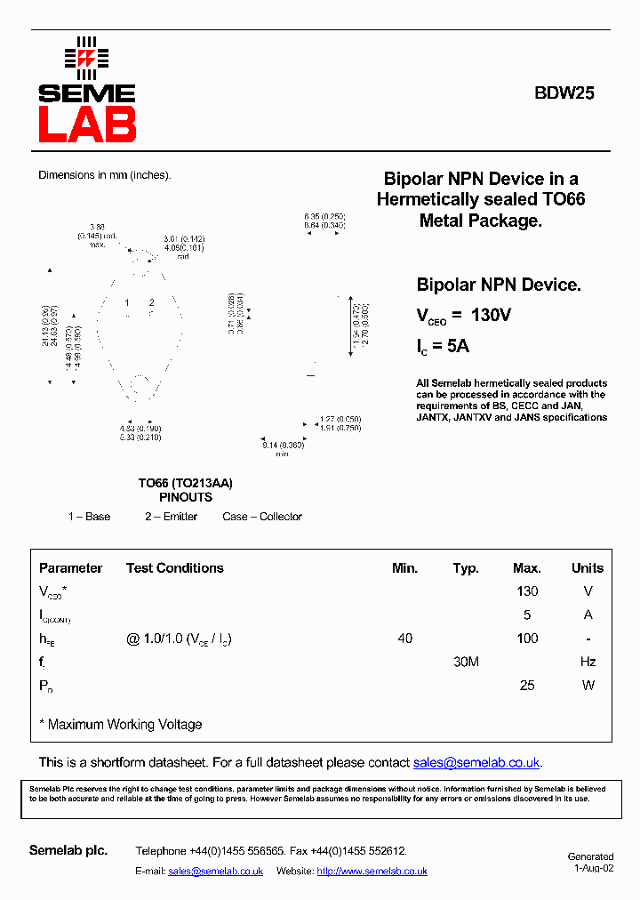 BDW25_4639880.PDF Datasheet