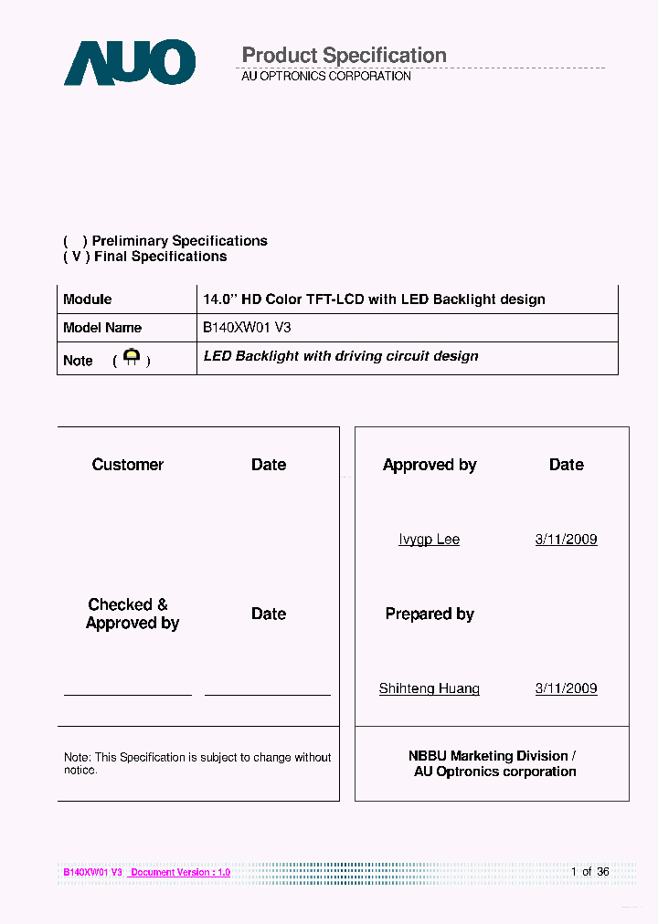 B140XW01-V3_5825769.PDF Datasheet