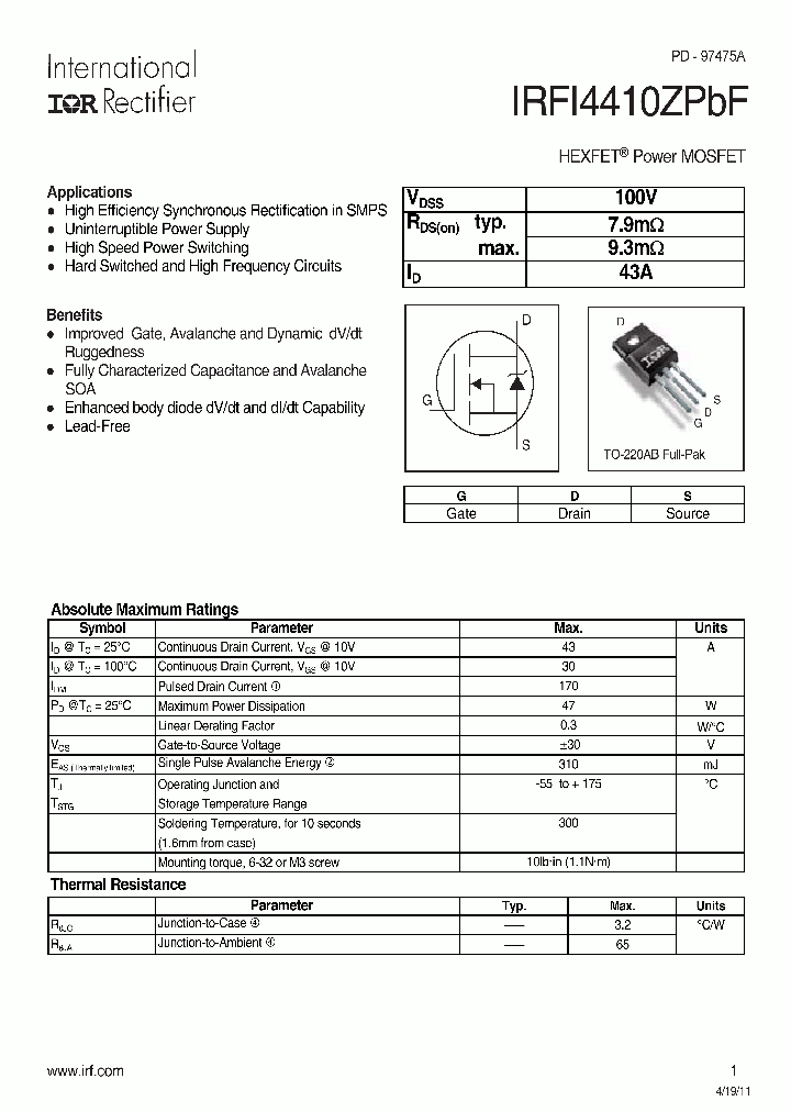 IRFI4410ZPBF_6529807.PDF Datasheet