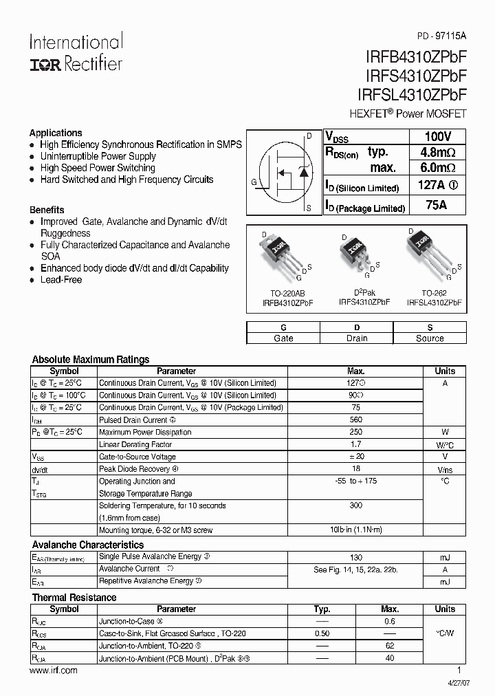 IRFSL4310ZTRLPBF_6805247.PDF Datasheet