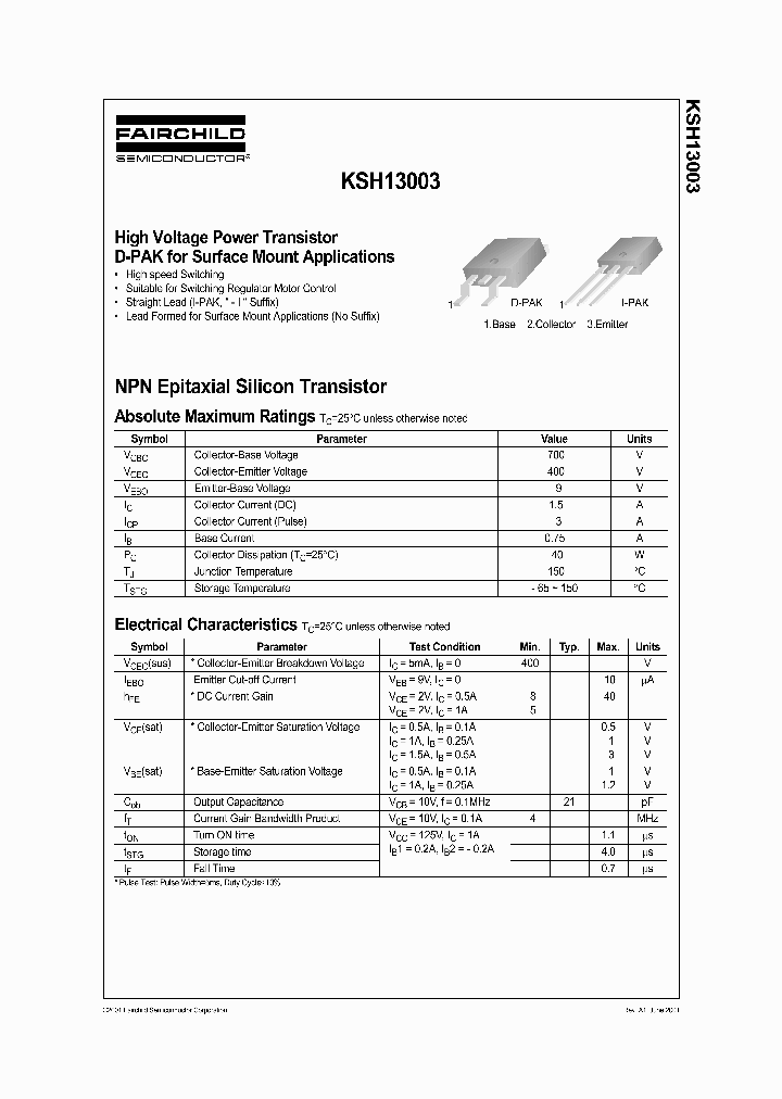 FAIRCHILDSEMICONDUCTORCORP-KSH13003I_6855418.PDF Datasheet