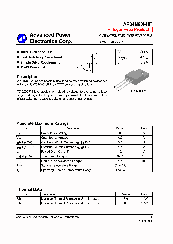 AP04N80I-HF_7354799.PDF Datasheet