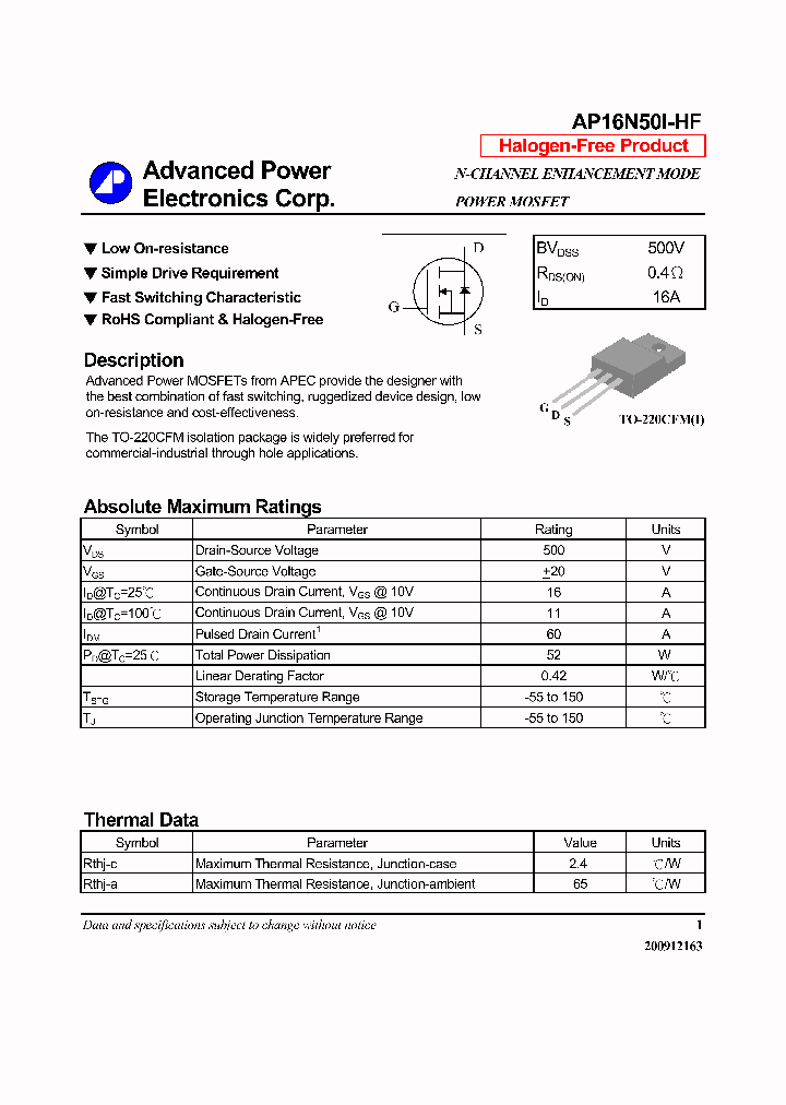 AP16N50I-HF_7354804.PDF Datasheet