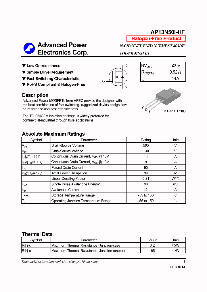 ADVANCEDPOWERELECTRONICSCORP-AP13N50I-HF_7355400.PDF Datasheet