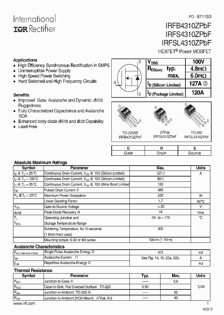 IRFSL4310ZPBF_7999441.PDF Datasheet