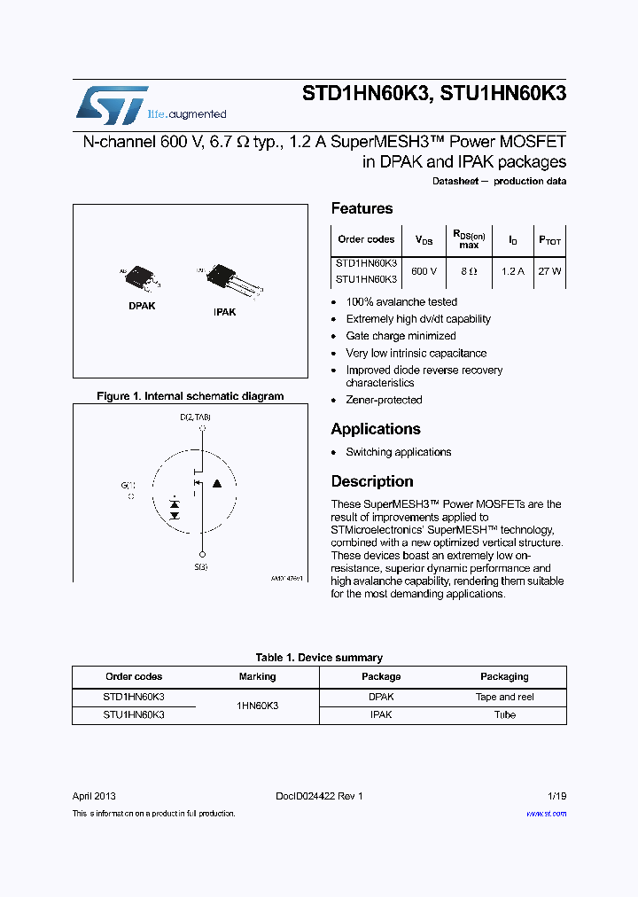 STD1HN60K3_8293143.PDF Datasheet