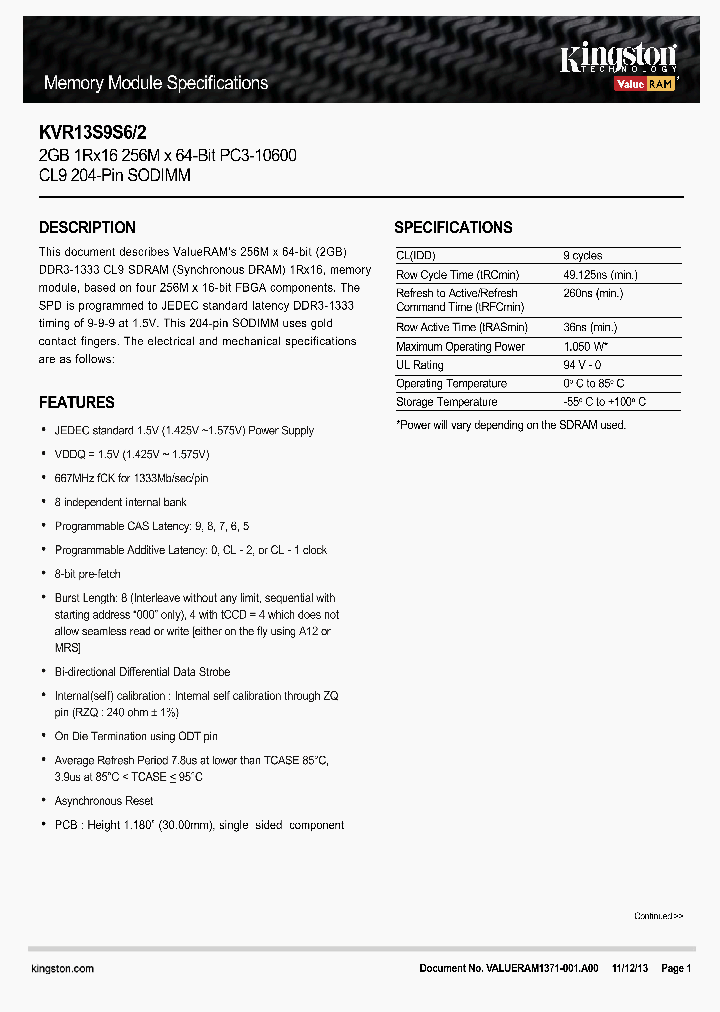 KVR13S9S6-2_8885240.PDF Datasheet