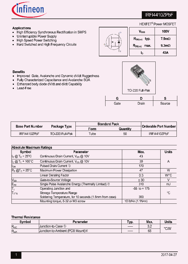 IRFI4410ZPBF_8948769.PDF Datasheet