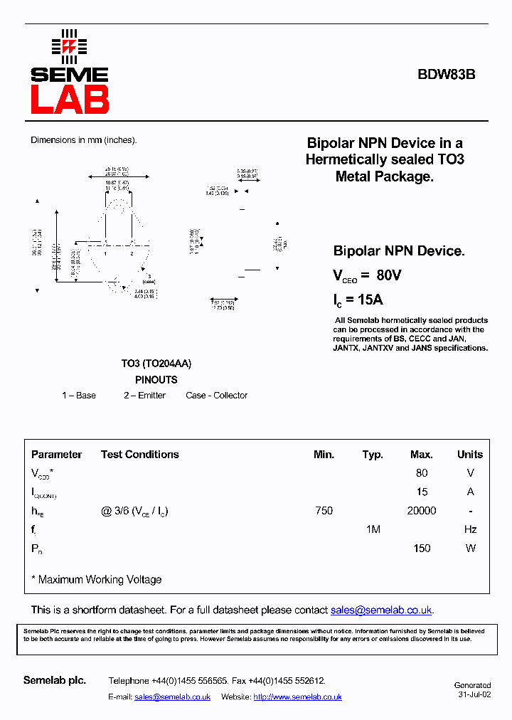 BDW83B_9009403.PDF Datasheet